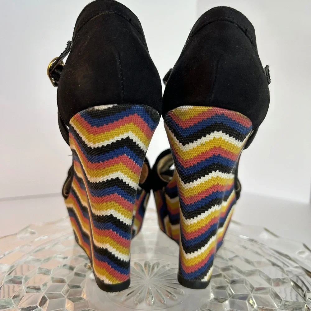Qupid Platform Wedge Sandals Black Suede Bow Ankle Strap Multicolor‎ Zigzag